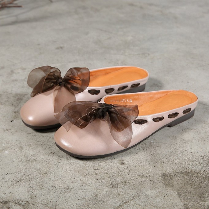 Fashion Design Women'S Slippers Leather Low Wedge Sandals Flat Shoes Offwhite/Brown