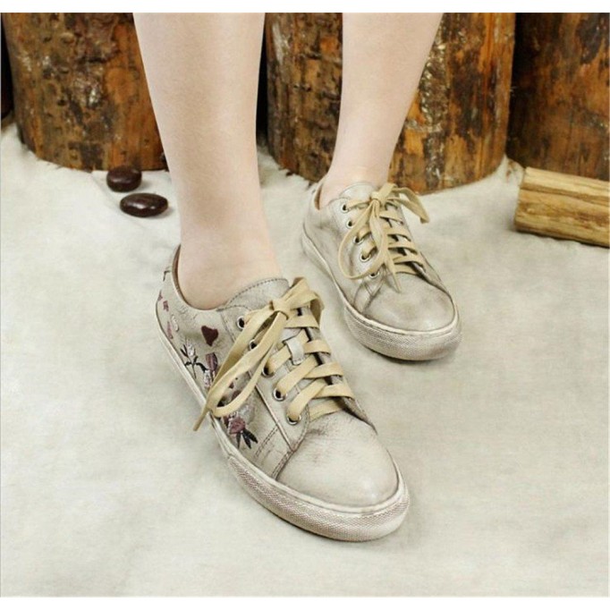 Handmade Women’S Low Top Fashion Leather Lace Up Sneakers Flower Embroidery Gray