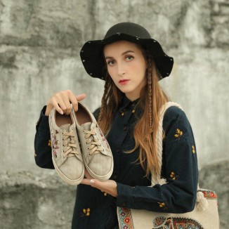 Handmade Women’S Low Top Fashion Leather Lace Up Sneakers Flower Embroidery Gray
