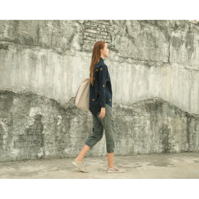 Handmade Women’S Low Top Fashion Leather Lace Up Sneakers Flower Embroidery Gray