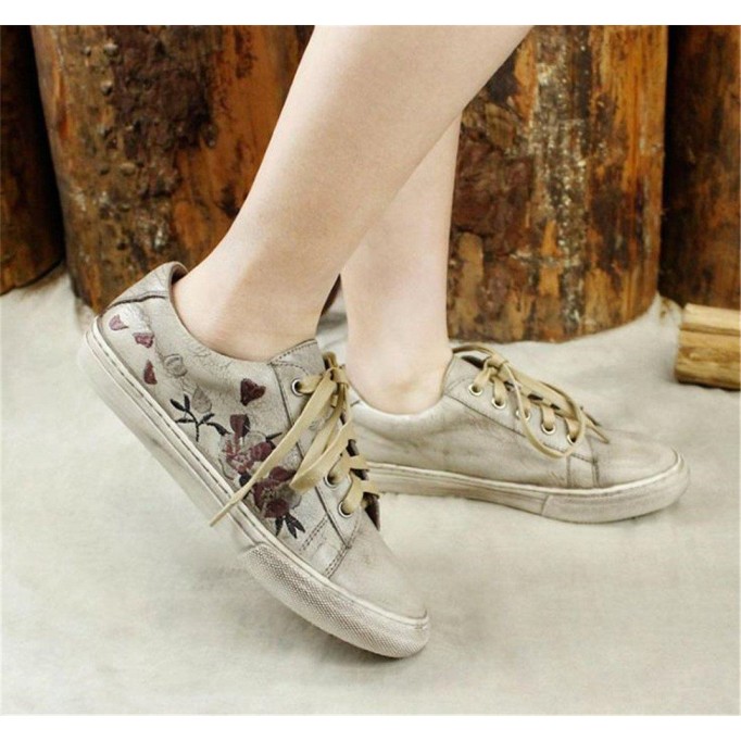 Handmade Women’S Low Top Fashion Leather Lace Up Sneakers Flower Embroidery Gray