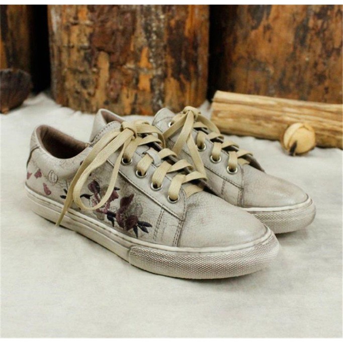 Handmade Women’S Low Top Fashion Leather Lace Up Sneakers Flower Embroidery Gray