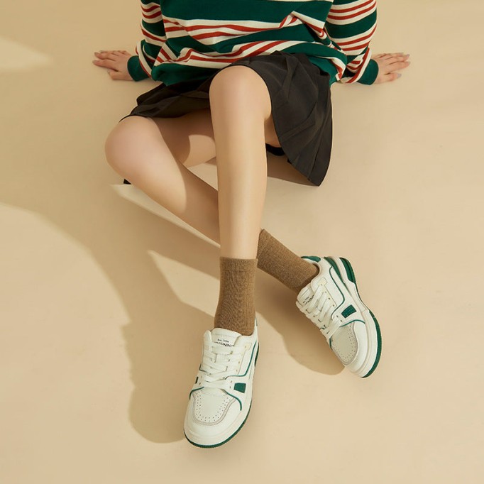 Women's Causal Genuine leather Sneakers - White Color Block With Green/Grey