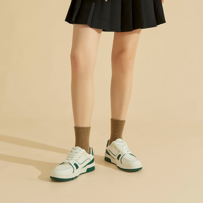 Women's Causal Genuine leather Sneakers - White Color Block With Green/Grey