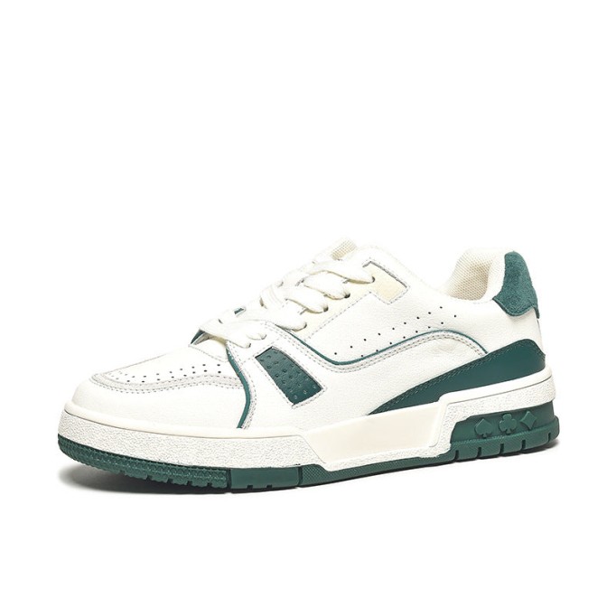Women's Causal Genuine leather Sneakers - White Color Block With Green/Grey