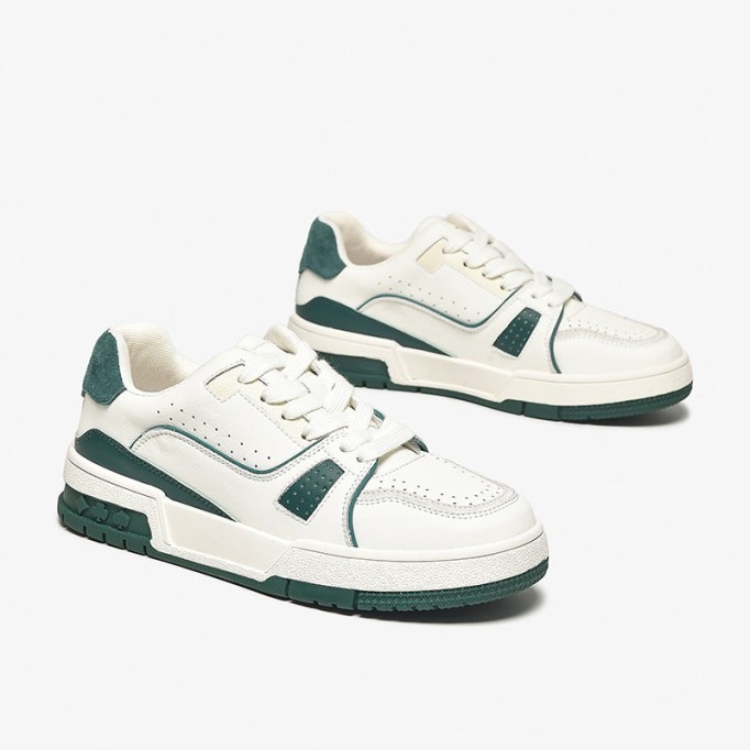 Women's Causal Genuine leather Sneakers - White Color Block With Green/Grey