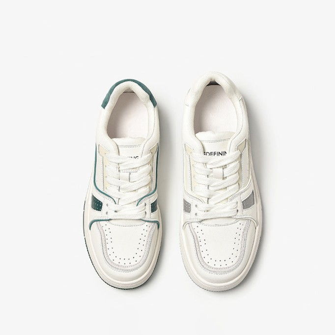 Women's Causal Genuine leather Sneakers - White Color Block With Green/Grey