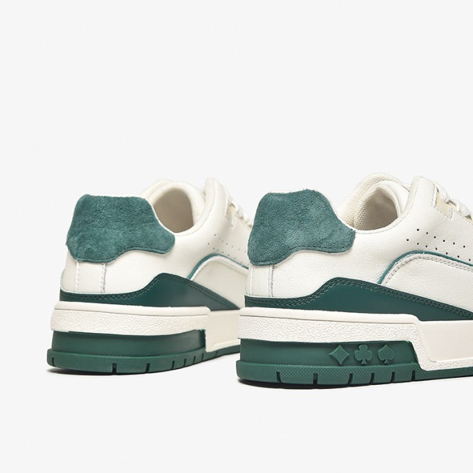 Women's Causal Genuine leather Sneakers - White Color Block With Green/Grey