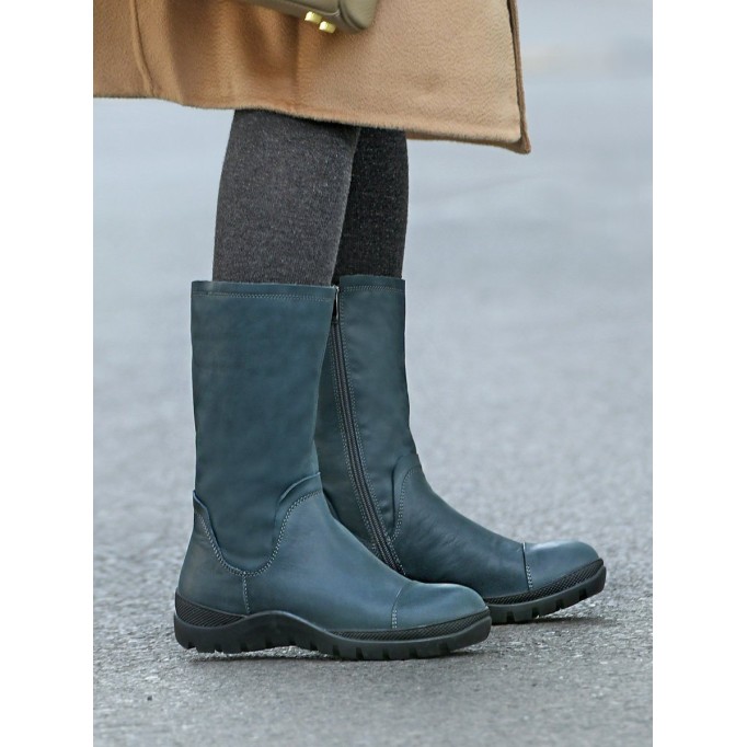 Wide Fit Handmade Leather Side Zip Calf Length Boots For Cold Winter Designer Shoes Black/Blue