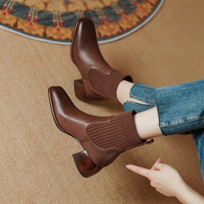 Classic Elegant Chelsea Boots Leather Stretch Boots Mid Heel Square Toe Sock Boots Brown/Black