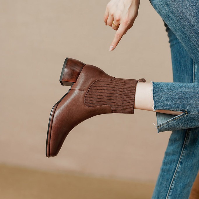 Classic Elegant Chelsea Boots Leather Stretch Boots Mid Heel Square Toe Sock Boots Brown/Black