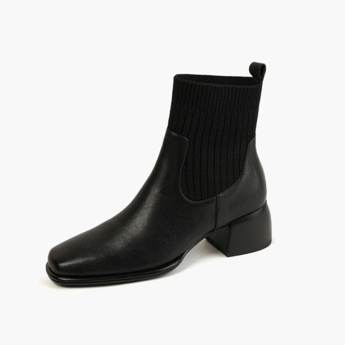 Classic Elegant Chelsea Boots Leather Stretch Boots Mid Heel Square Toe Sock Boots Brown/Black