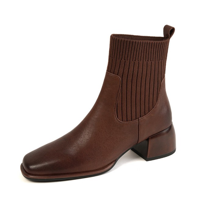 Classic Elegant Chelsea Boots Leather Stretch Boots Mid Heel Square Toe Sock Boots Brown/Black