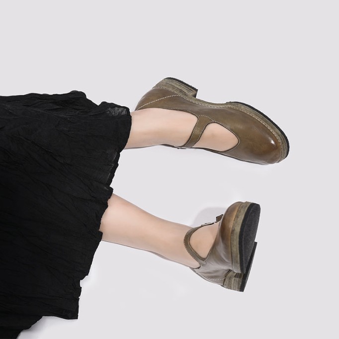 Goodyear Horse Leather Shoes For Women Handmade Mary Jane Leather Sole in Black/Green