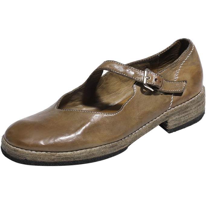 Goodyear Horse Leather Shoes For Women Handmade Mary Jane Leather Sole in Black/Green