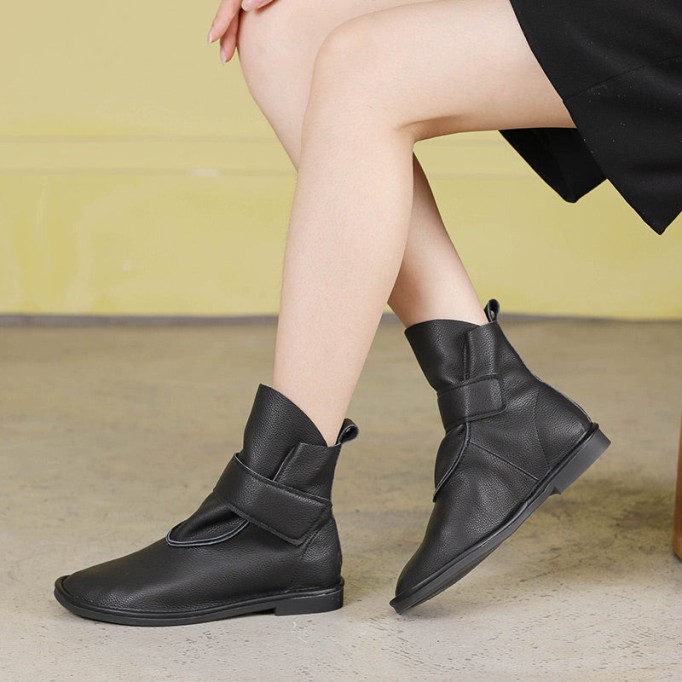 Handmade Women's Leather Booties Round Toe Velcro Flat Ankle Boots Brown/Black/Coffee