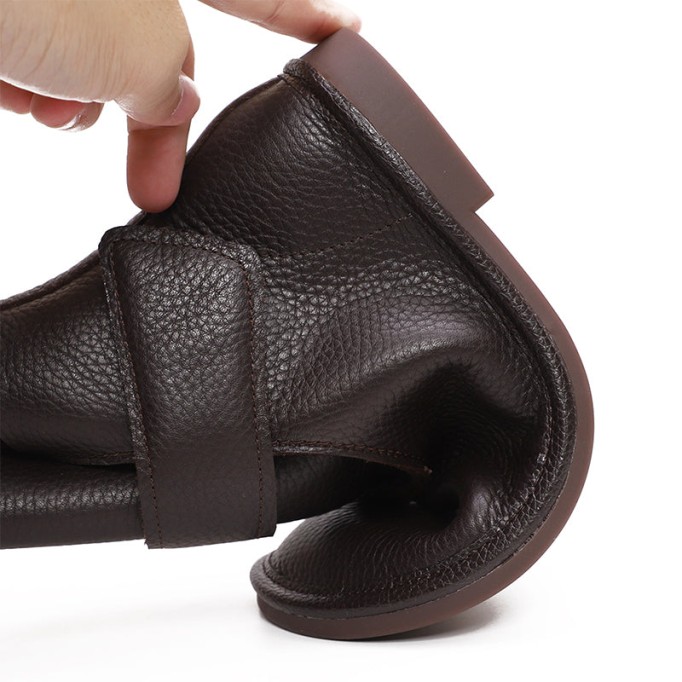 Handmade Women's Leather Booties Round Toe Velcro Flat Ankle Boots Brown/Black/Coffee