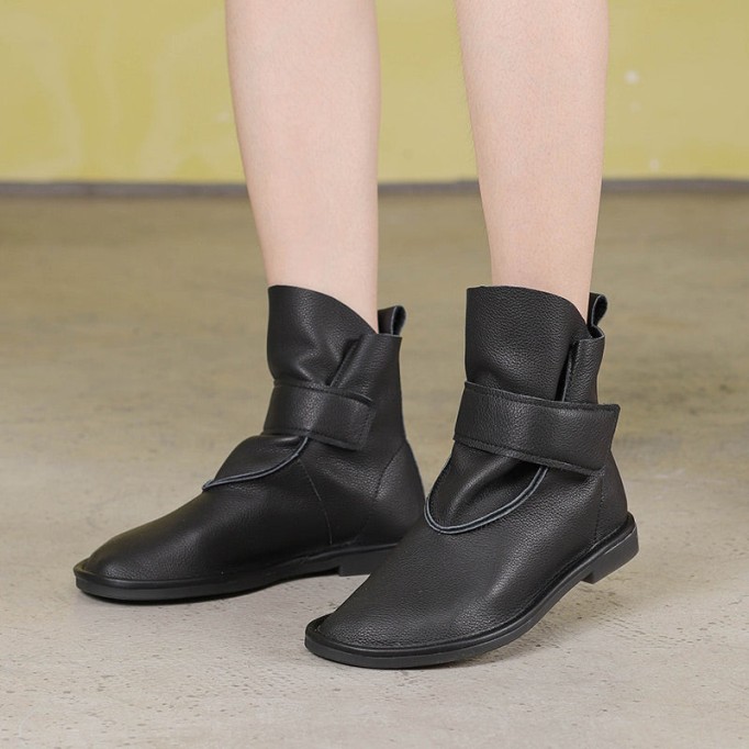 Handmade Women's Leather Booties Round Toe Velcro Flat Ankle Boots Brown/Black/Coffee