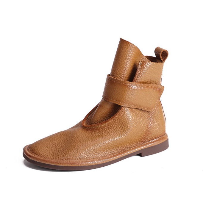 Handmade Women's Leather Booties Round Toe Velcro Flat Ankle Boots Brown/Black/Coffee