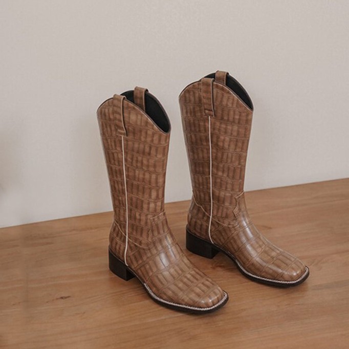 Cowboy Boots Women Handmade Genuine Leather Crocodile Pattern Boots Black/Khaki