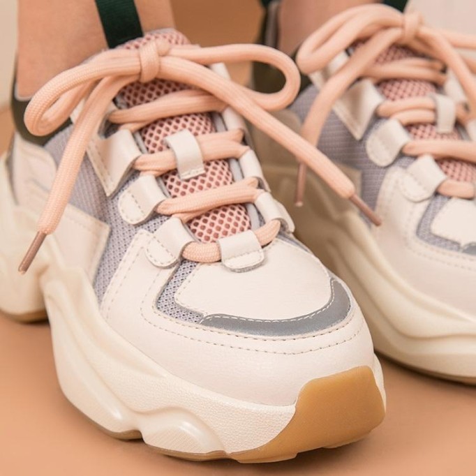 Chunky Sneakers Women Cow Leather Mesh Retro Casual Shoes Platform Lace-Up Trainers