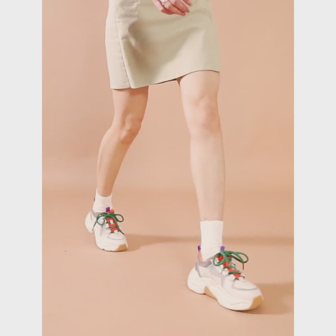 Chunky Sneakers Women Cow Leather Mesh Retro Casual Shoes Platform Lace-Up Trainers