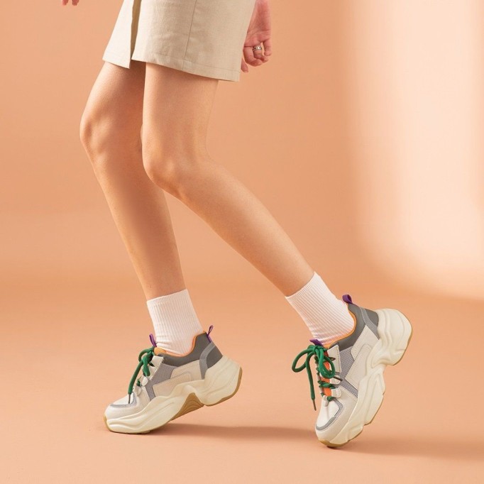 Chunky Sneakers Women Cow Leather Mesh Retro Casual Shoes Platform Lace-Up Trainers