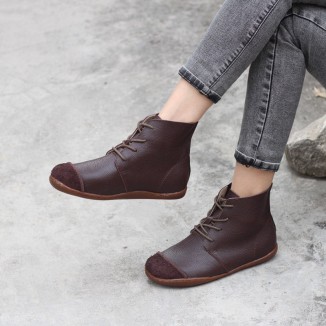 Nubuck Leather Ankle Booties Handmade Low-Heel Mori Girl Shoes Martin Boots Coffee