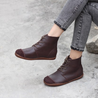 Nubuck Leather Ankle Booties Handmade Low-Heel Mori Girl Shoes Martin Boots Coffee