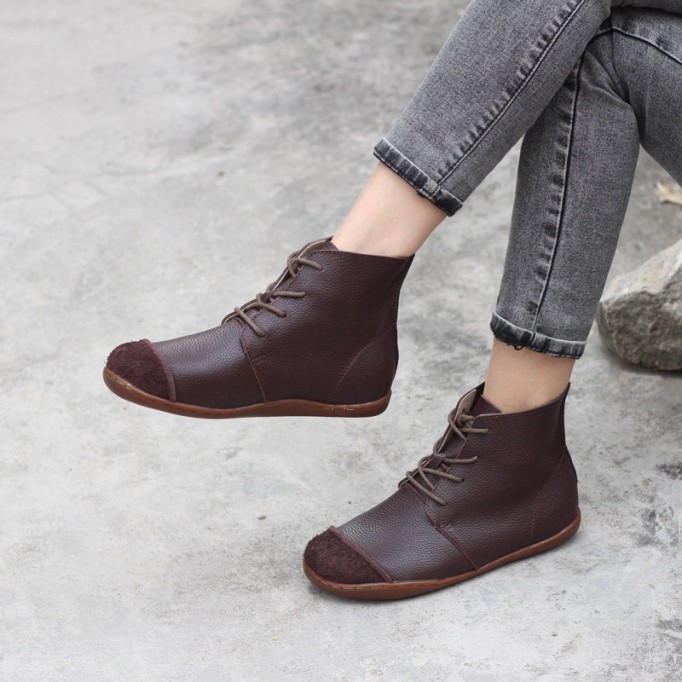 Nubuck Leather Ankle Booties Handmade Low-Heel Mori Girl Shoes Martin Boots Coffee