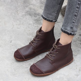 Nubuck Leather Ankle Booties Handmade Low-Heel Mori Girl Shoes Martin Boots Coffee