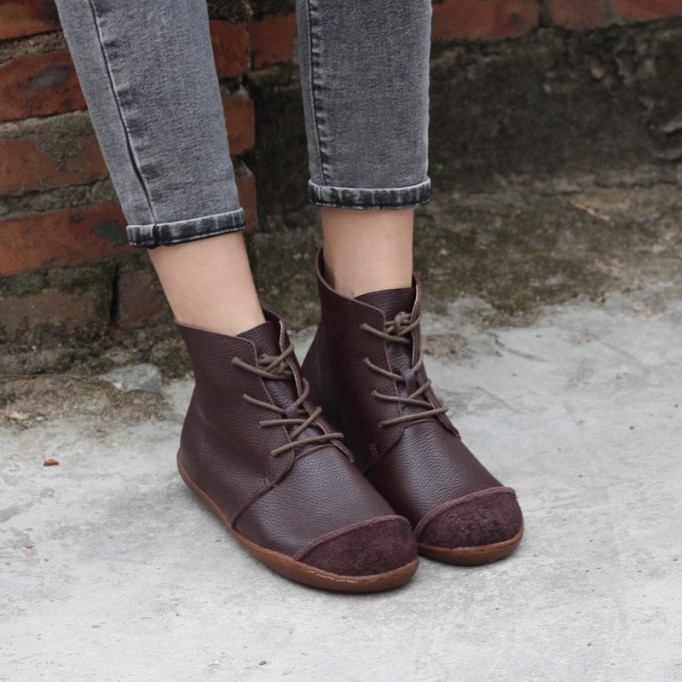 Nubuck Leather Ankle Booties Handmade Low-Heel Mori Girl Shoes Martin Boots Coffee