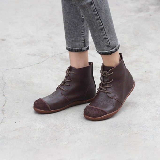 Nubuck Leather Ankle Booties Handmade Low-Heel Mori Girl Shoes Martin Boots Coffee