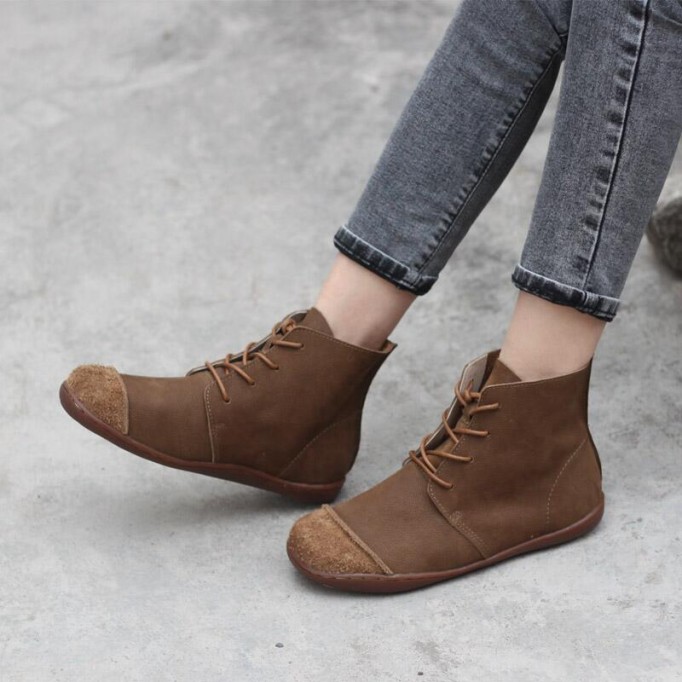 Nubuck Leather Ankle Booties Handmade Low-Heel Mori Girl Shoes Martin Boots Coffee