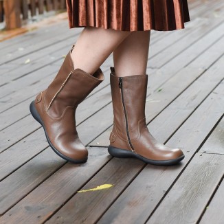 Womens Retro Leather Mid Calf Boots for Winter Side Zipper Boots Black/khaki