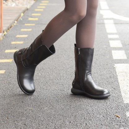 Womens Retro Leather Mid Calf Boots for Winter Side Zipper Boots Black/khaki