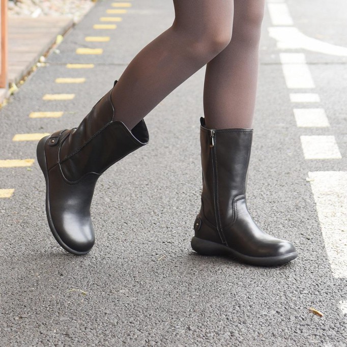 Womens Retro Leather Mid Calf Boots for Winter Side Zipper Boots Black/khaki