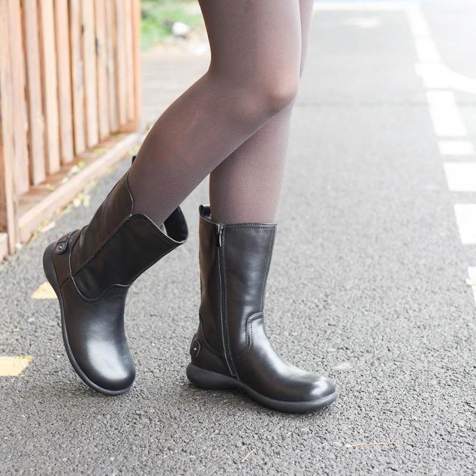 Womens Retro Leather Mid Calf Boots for Winter Side Zipper Boots Black/khaki