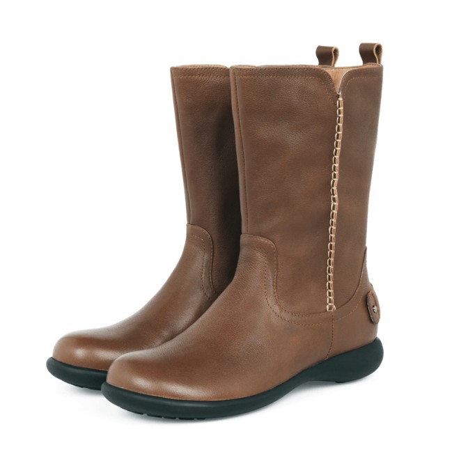 Womens Retro Leather Mid Calf Boots for Winter Side Zipper Boots Black/khaki