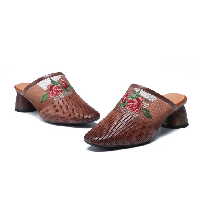 Retro Leather Mules Summer Slippers Handmade Slide Sandals Embroidery Camel/Coffee