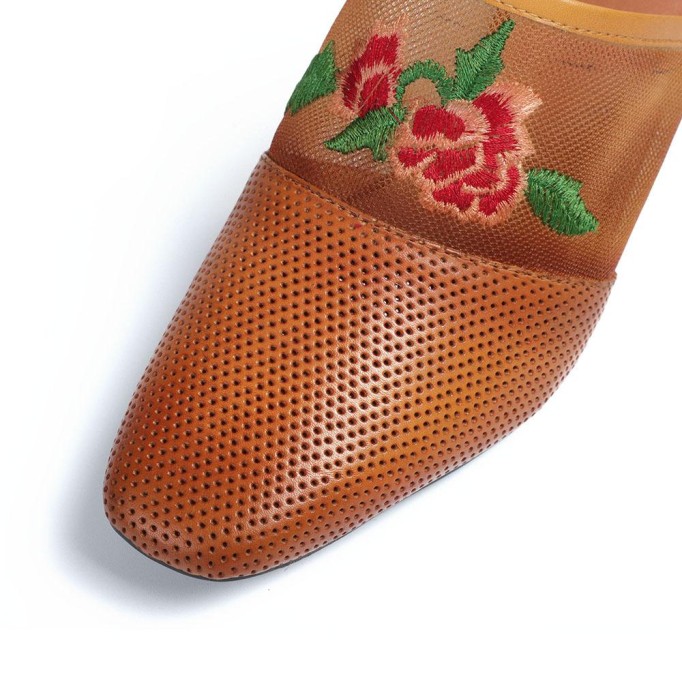Retro Leather Mules Summer Slippers Handmade Slide Sandals Embroidery Camel/Coffee
