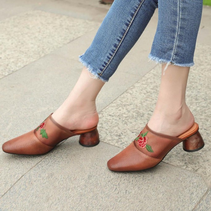 Retro Leather Mules Summer Slippers Handmade Slide Sandals Embroidery Camel/Coffee