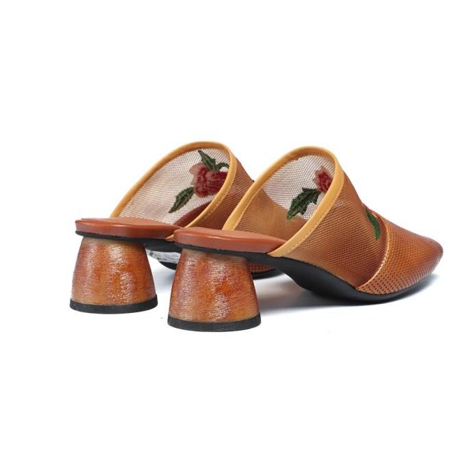 Retro Leather Mules Summer Slippers Handmade Slide Sandals Embroidery Camel/Coffee