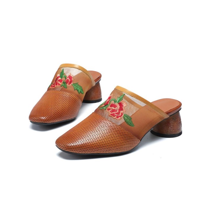 Retro Leather Mules Summer Slippers Handmade Slide Sandals Embroidery Camel/Coffee