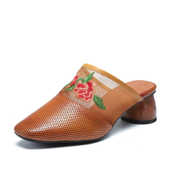 Retro Leather Mules Summer Slippers Handmade Slide Sandals Embroidery Camel/Coffee