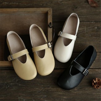Handmade Women'S Calf Leather Mary Jane Shoes Round Toe Soft Sole Buckle Slip On Black/Beige/Faint Yellow