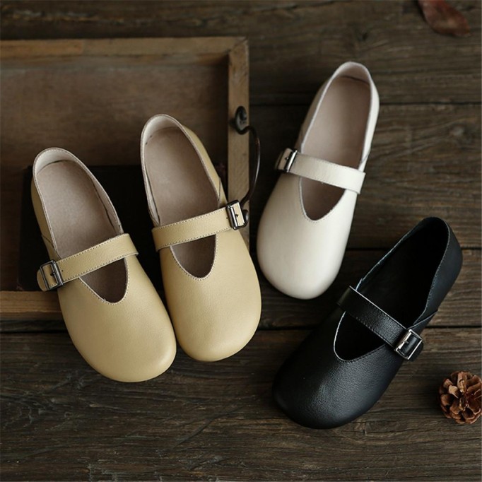 Handmade Women'S Calf Leather Mary Jane Shoes Round Toe Soft Sole Buckle Slip On Black/Beige/Faint Yellow