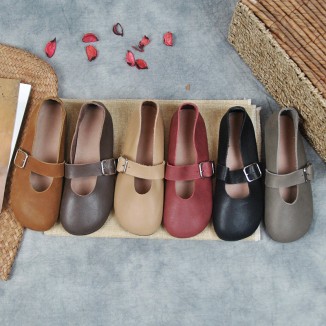 Handmade Women'S Calf Leather Mary Jane Shoes Round Toe Soft Sole Buckle Slip On Black/Beige/Faint Yellow