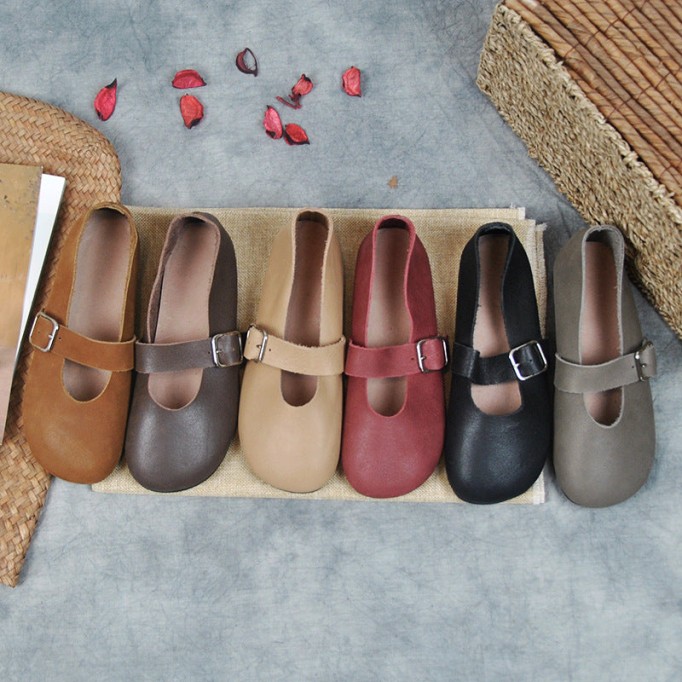 Handmade Women'S Calf Leather Mary Jane Shoes Round Toe Soft Sole Buckle Slip On Black/Beige/Faint Yellow