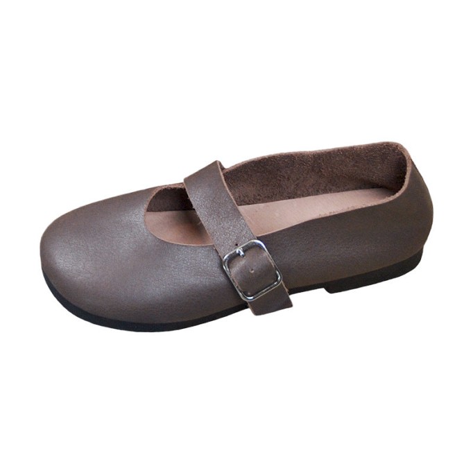 Handmade Women'S Calf Leather Mary Jane Shoes Round Toe Soft Sole Buckle Slip On Black/Beige/Faint Yellow